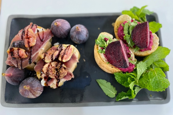 Roasted Beetroot Hummus And Parma Ham Starter on Garlic Bruschetta