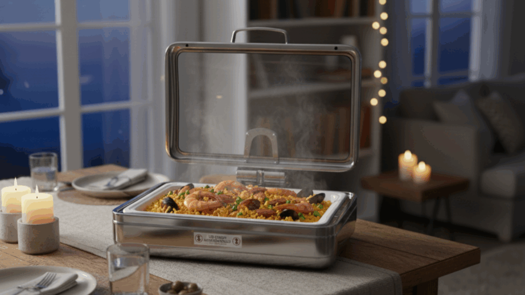 Snappy Chef Chafing Dish, Intimate Dinner: A rectangular, stainless steel chafing dish holds a steaming, golden-yellow paella, with the glass-and-chrome lid propped open. The setting is an intimate evening dinner, illuminated by soft yellow candlelight and string lights in the background, contrasting with the dark blue of the night sky visible through the window. This luxurious serving piece is the perfect gift for a man who enjoys entertaining with elegance and ease.