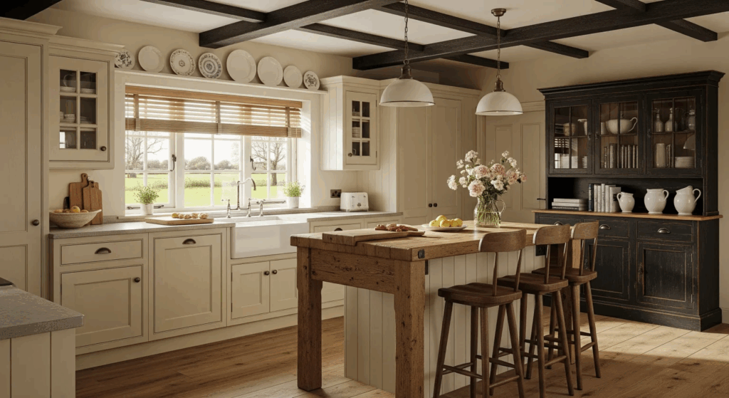 Balanced farmhouse-style kitchen with cream and beige cabinetry, rustic wooden island, exposed dark beams, and a matte black hutch — an example of the warm, natural aesthetic trending in 2026 kitchen design.