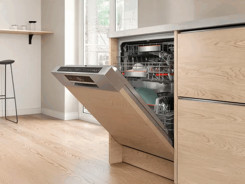 Semi-integrated Bosch dishwasher built into modern kitchen cabinetry.