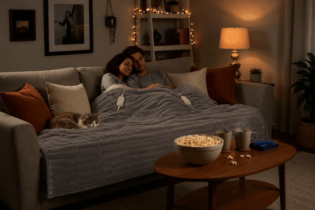 Electric blanket cozy winter lounge setup