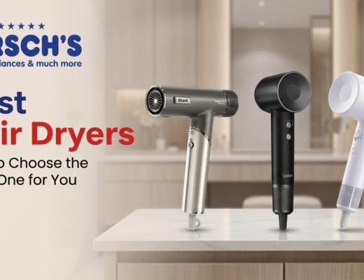 Best hair dryers at Hirsch's on display in a bathroom.